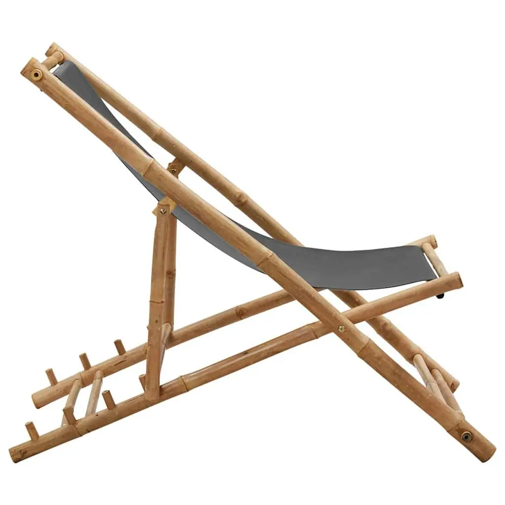 Deck Chair Grey Bamboo Canvas Adjustable Folding Outdoor Seating