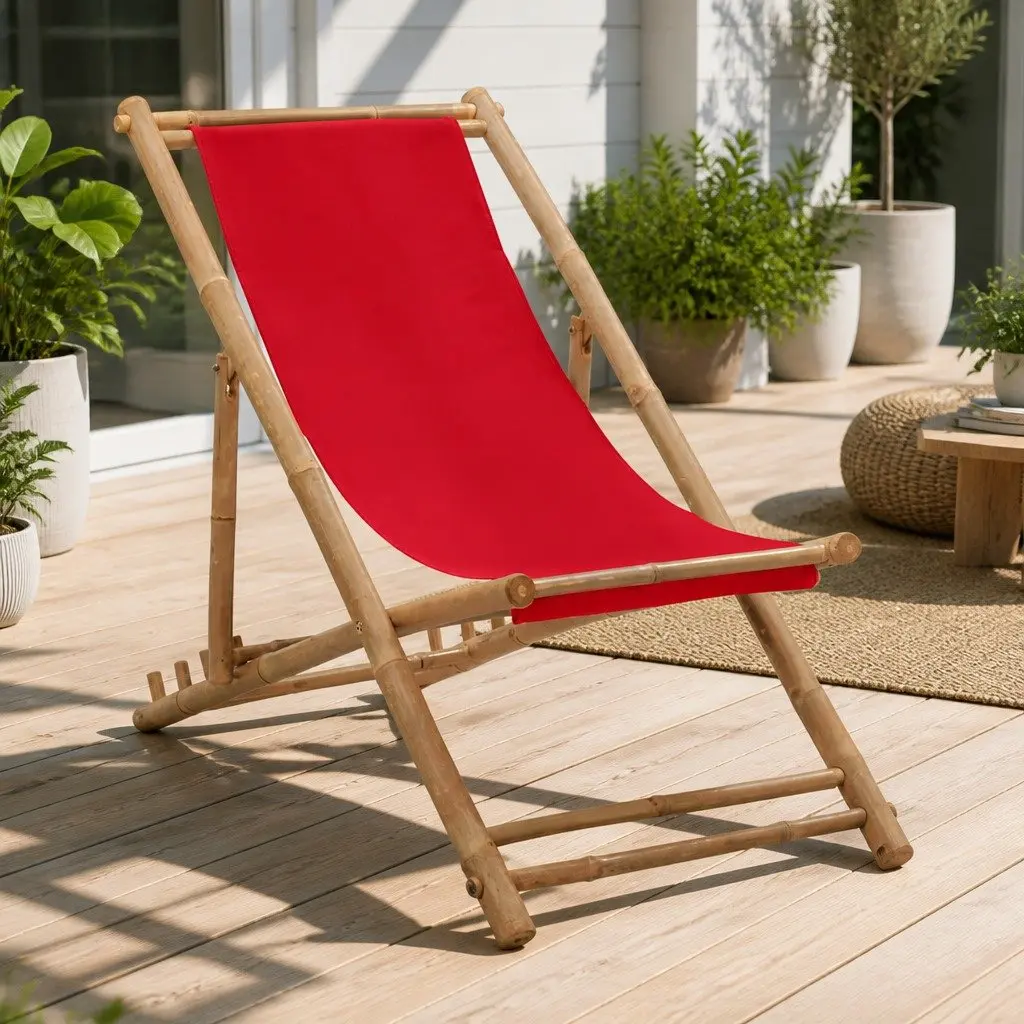 4-Position Red Bamboo Deck Chair