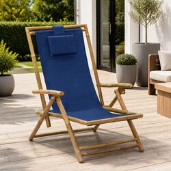 Outdoor Reclining Chair Folding Garden Seating Bamboo Fabric Blue Adjustable