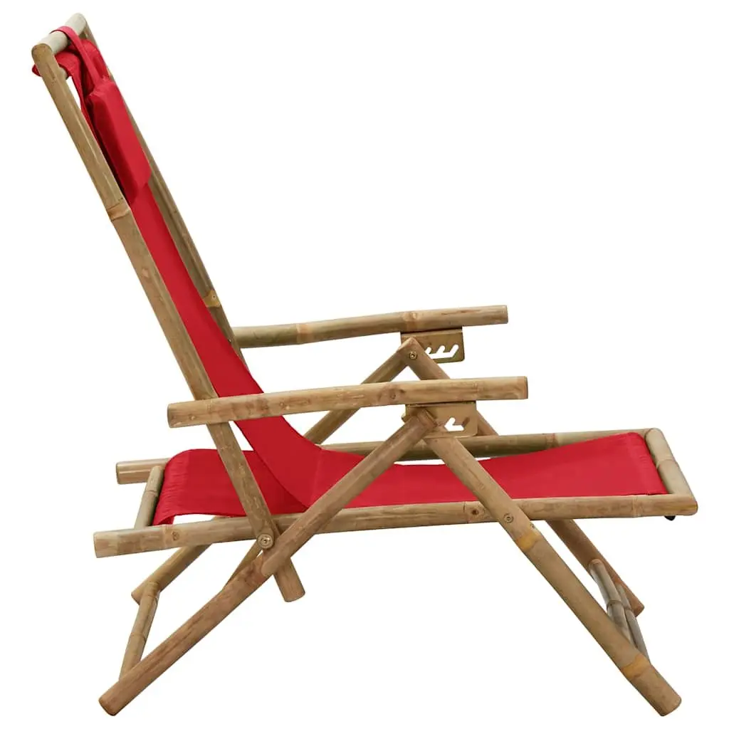 Reclining Chair Red Bamboo Fabric 4 Position Adjustable Backrest Folding Outdoor Relaxer
