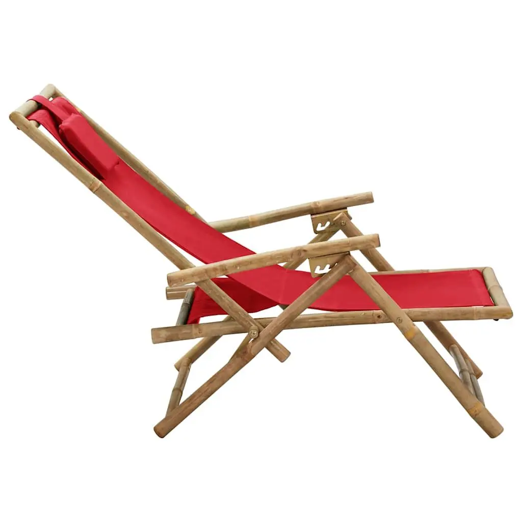 Reclining Chair Red Bamboo Fabric 4 Position Adjustable Backrest Folding Outdoor Relaxer