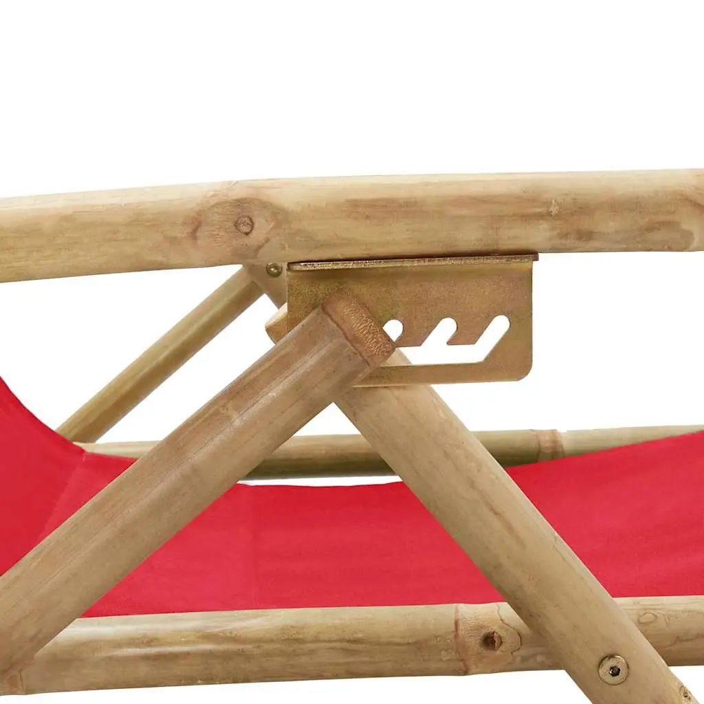 Reclining Chair Red Bamboo Fabric 4 Position Adjustable Backrest Folding Outdoor Relaxer
