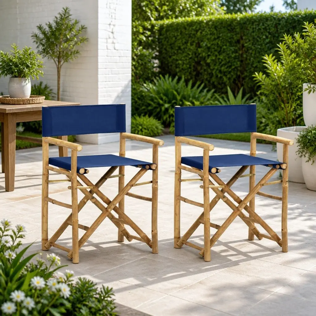 Folding Director's Chairs Blue 2 pcs Bamboo Fabric Outdoor Garden Seating