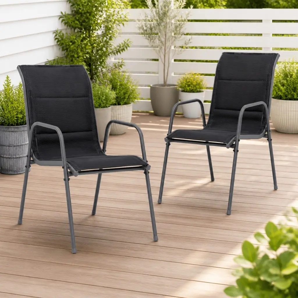 Stackable Outdoor Chairs Black 2 Piece Powder-Coated Steel Textilene Weather-Resistant Garden Patio Seating Set
