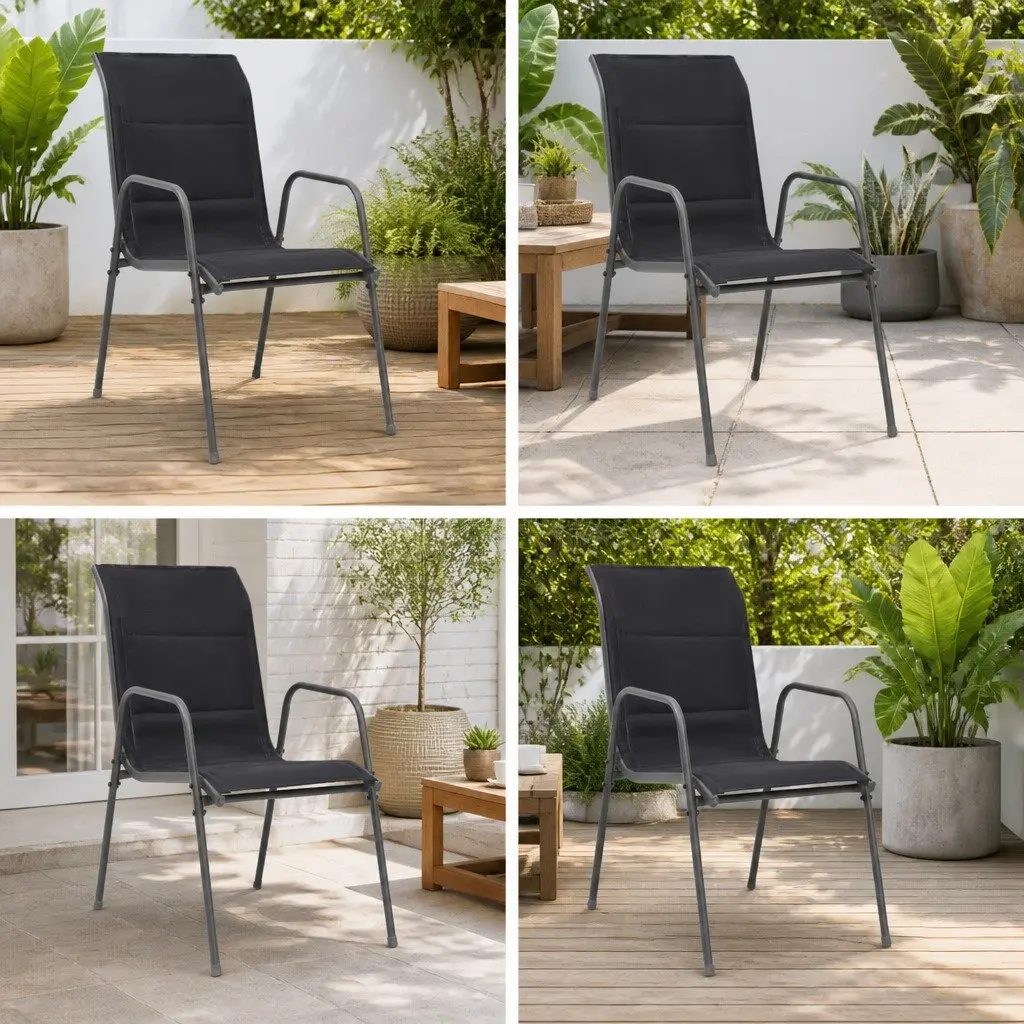 Stackable Outdoor Chairs Black 4 Piece Steel Frame Weather Resistant Textilene Fabric