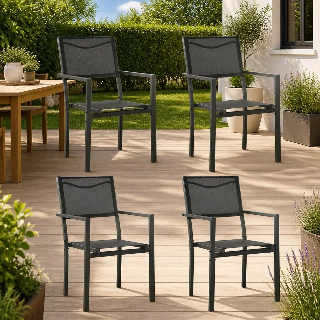 Outdoor Garden Chairs Set of 4 Black Anthracite Powder-Coated Steel Textilene Fabric Ergonomic Back Support