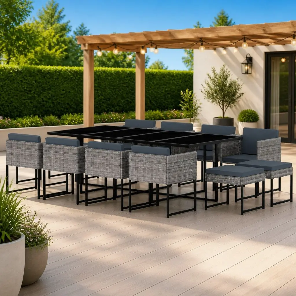 Garden Dining Set Grey 13 Piece Outdoor Furniture Poly Rattan with Cushions