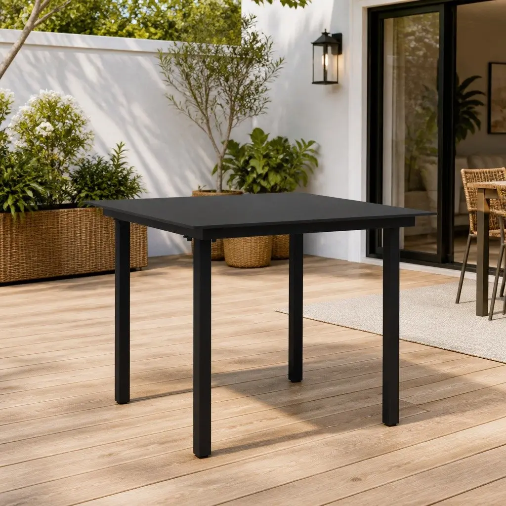 Garden Dining Table Black Outdoor Furniture Steel Frame Glass Tabletop 80x80x74