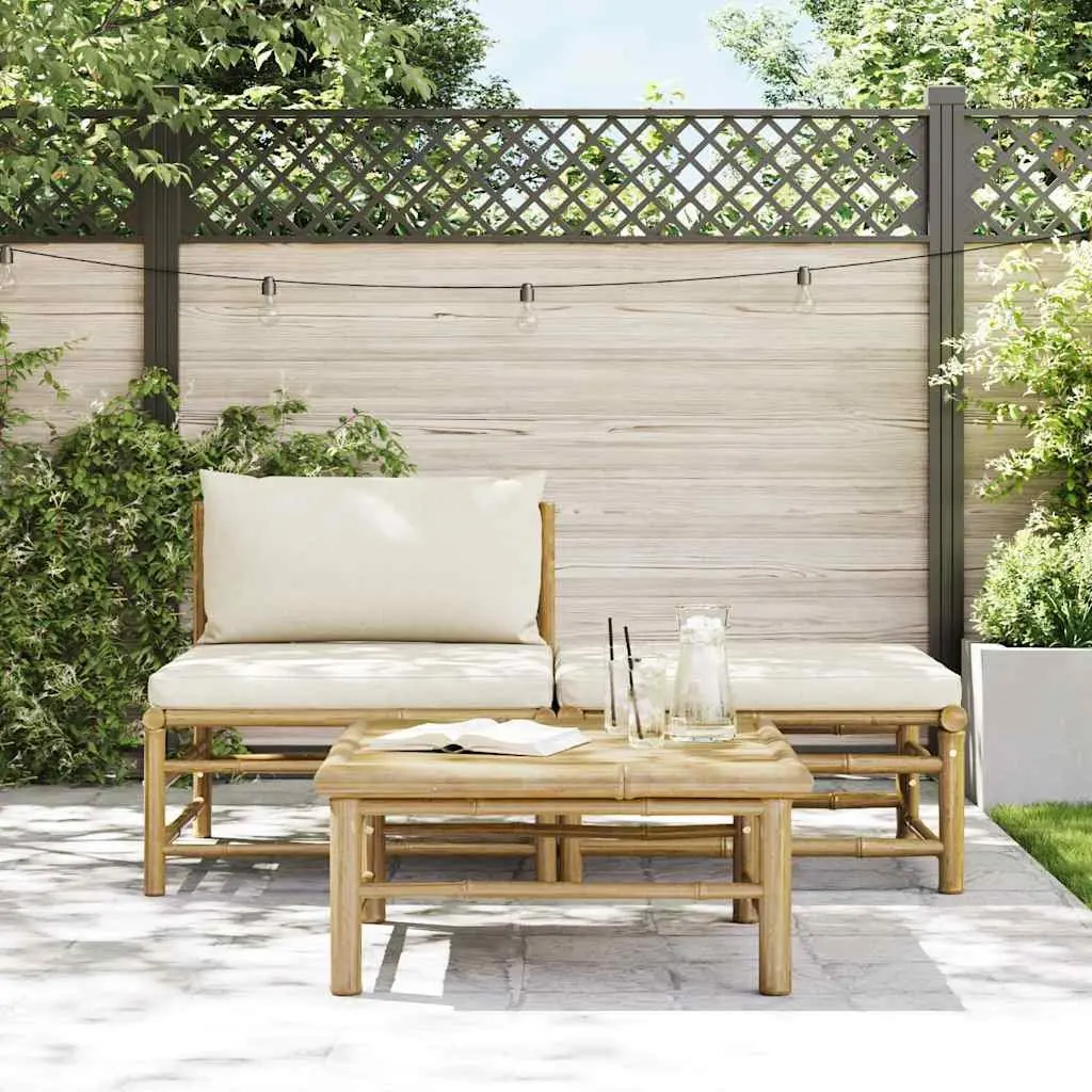3 Piece Garden Lounge Set Bamboo Cream White Cushions Outdoor Sofa Furniture