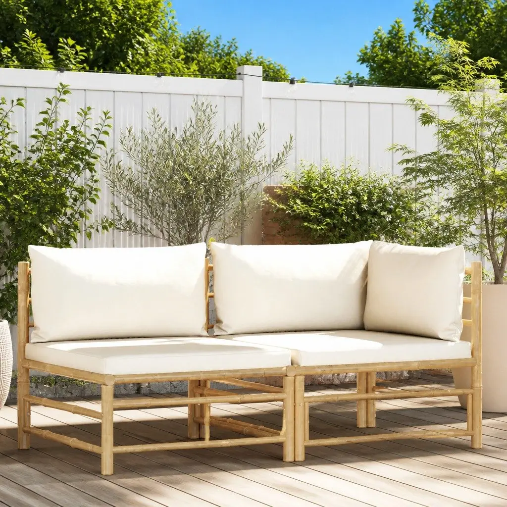 2 Piece Garden Lounge Set Cream White Cushions Bamboo Outdoor Patio Sofa