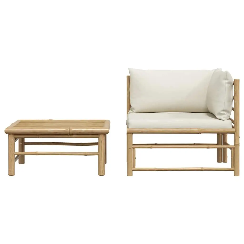 Bamboo Garden Lounge Set White 2 Piece Modular Sectional Sofa with Cushions and Side Table