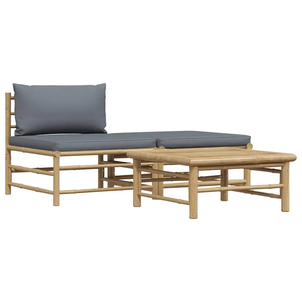 3 Piece Outdoor Garden Lounge Set Bamboo Sectional Sofa with Grey Cushions