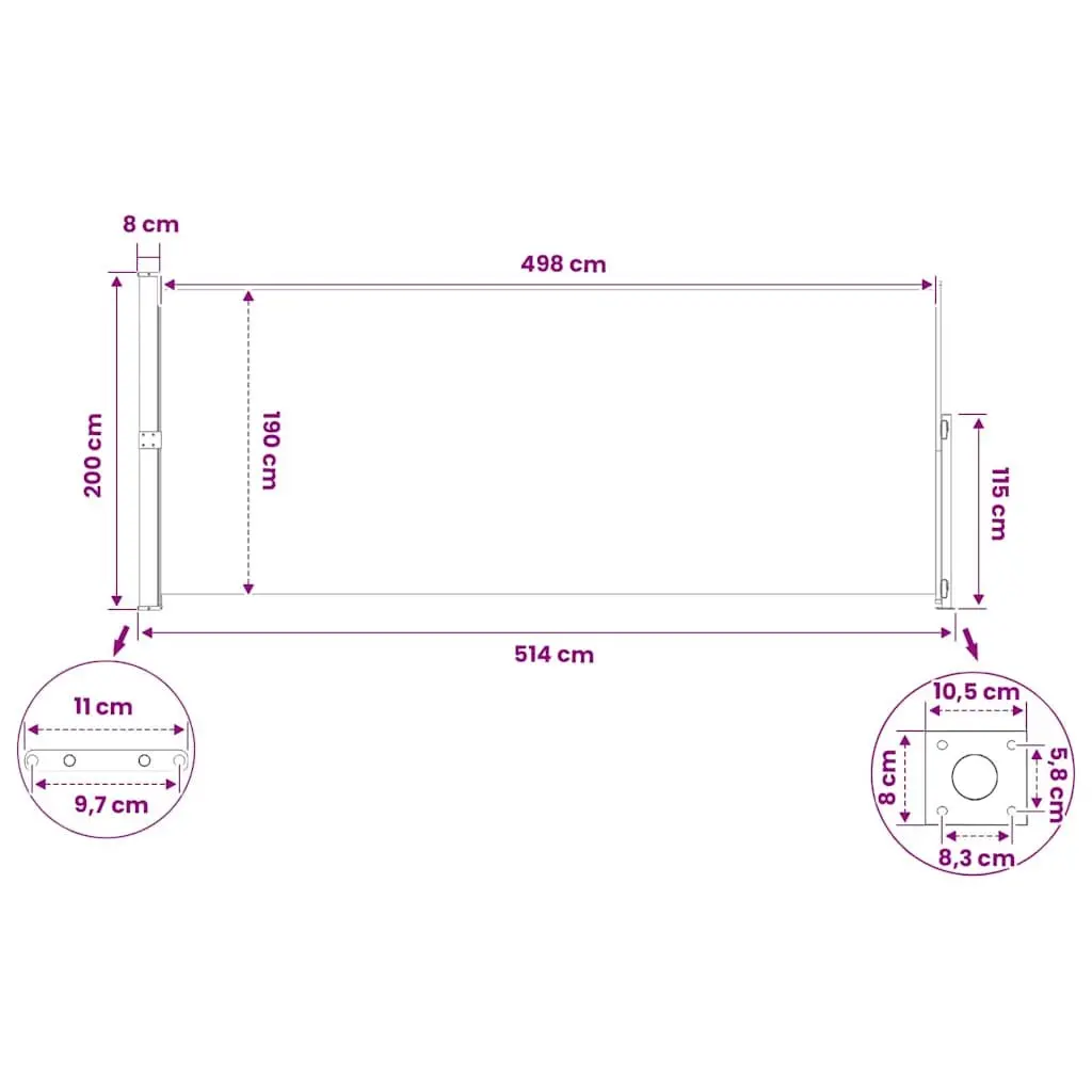 Retractable Side Awning Grey 200x500cm Outdoor Privacy Screen UV Water Resistant Steel Base