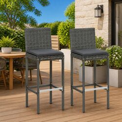 Sleek Set of 2 Grey Poly Rattan Outdoor Bar Stools