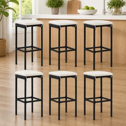 Bar Stools with Cushions Set of 6 Black PE Rattan Counter Seating Dining