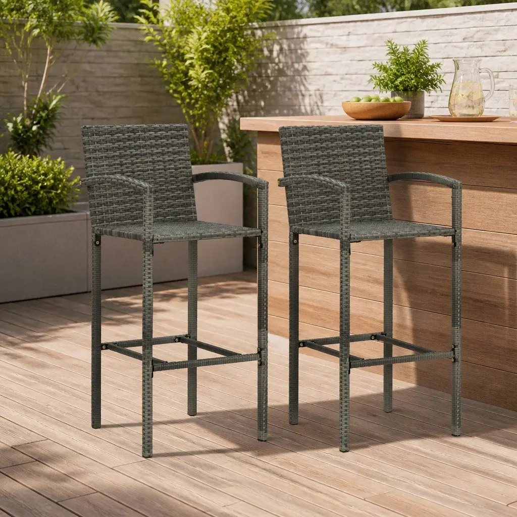 Grey Rattan Bar Stools, 2-Piece Set