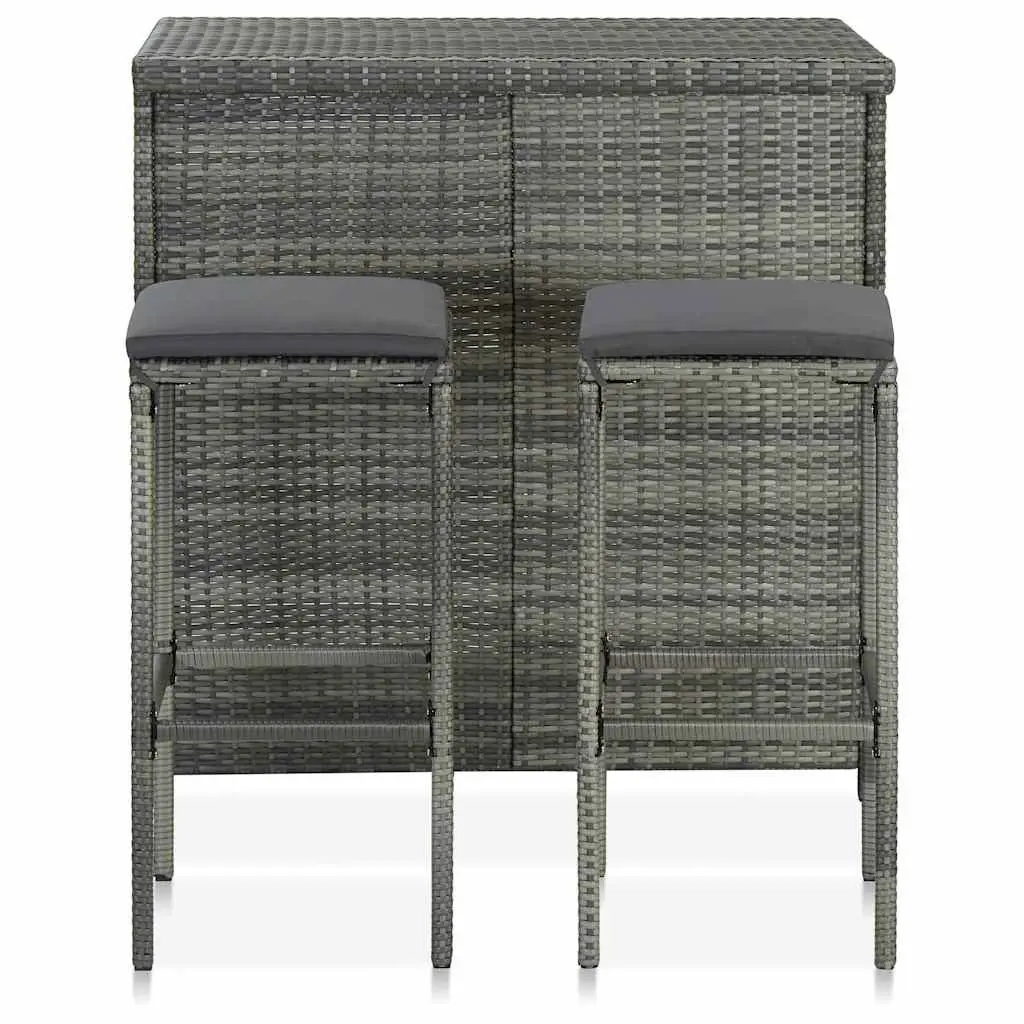 3 Piece Bar Set Grey Poly Rattan Outdoor Garden Table Stools Lightweight Weather Resistant