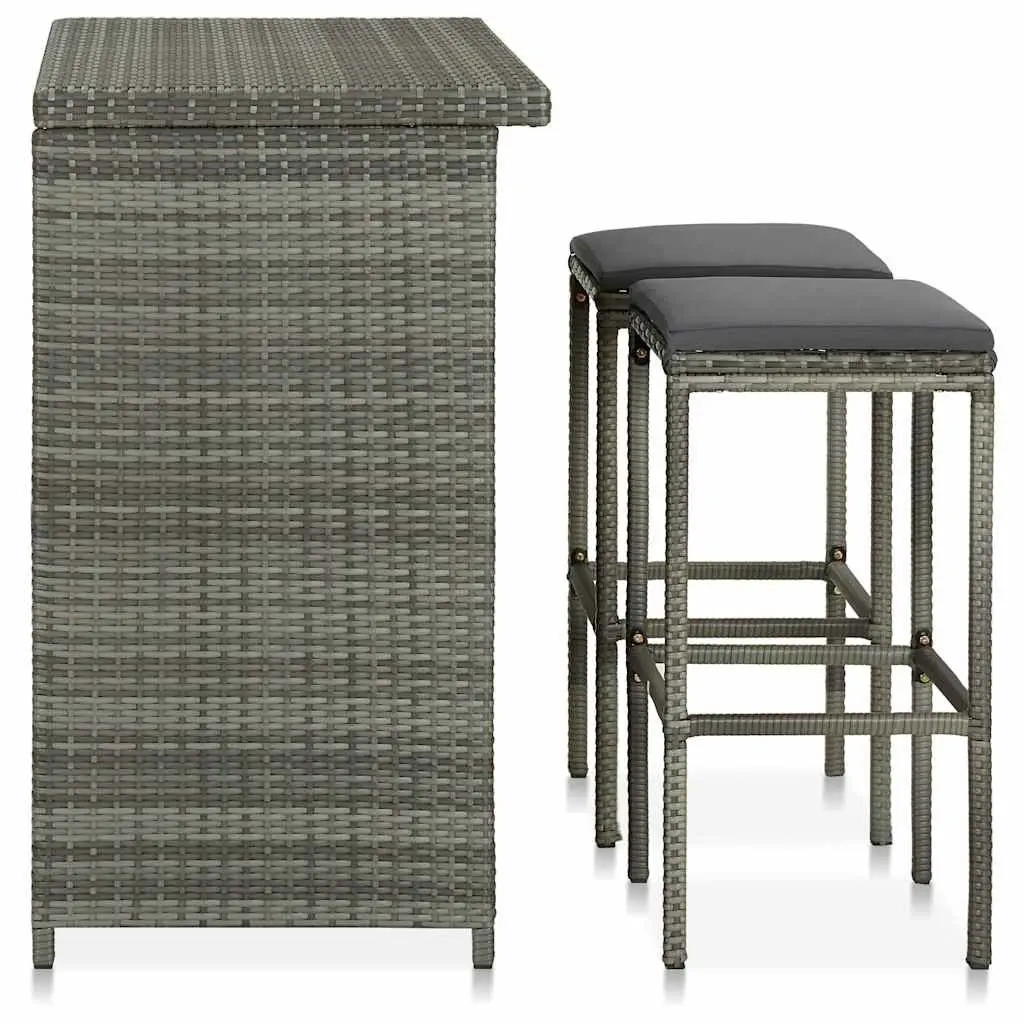 3 Piece Bar Set Grey Poly Rattan Outdoor Garden Table Stools Lightweight Weather Resistant