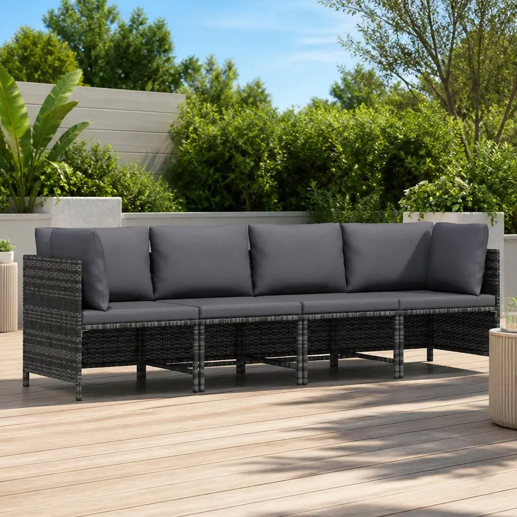 4-Seater Garden Sofa Grey PE Rattan Outdoor Sectional Lounger with Cushions