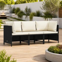 3-Seater Outdoor Garden Sofa Black Poly Rattan Patio Lounge Sectional Seating