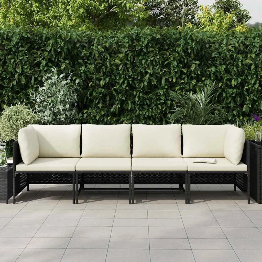 4-Seater Garden Sofa Black PE Rattan Outdoor Lounge Chair Water-Resistant with Cushions