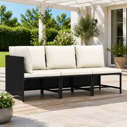 Outdoor Garden Sofa Set 3 Piece Black Poly Rattan Lounge Sectional with Cushions