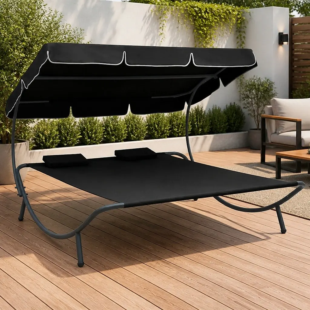 Double Canopy Outdoor Lounge Bed Black with 2 Pillows Weather-Resistant Fabric