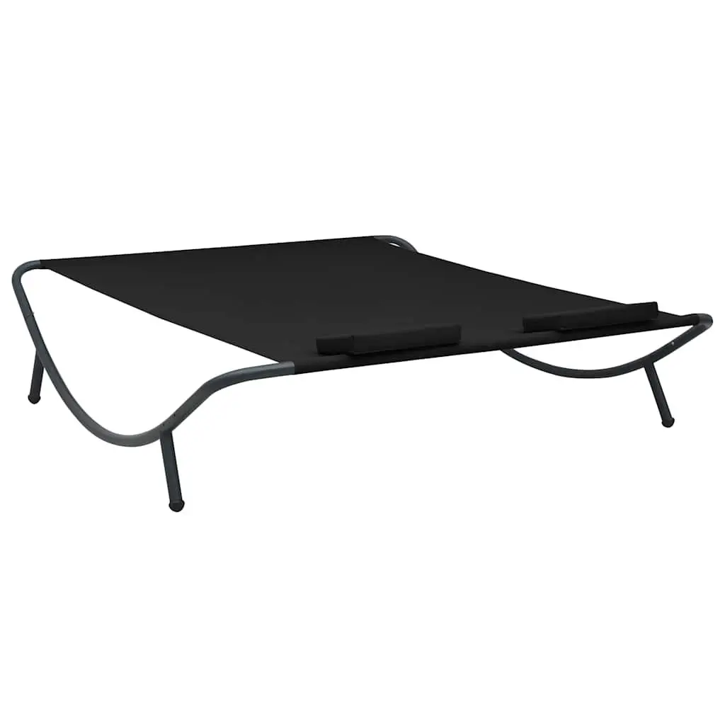 Outdoor Lounge Bed Black Weather-resistant Oxford Fabric Powder-coated Steel Frame with Two Padded Pillows