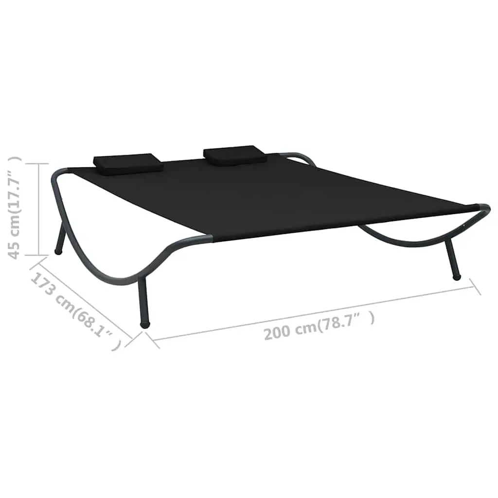 Outdoor Lounge Bed Black Weather-resistant Oxford Fabric Powder-coated Steel Frame with Two Padded Pillows