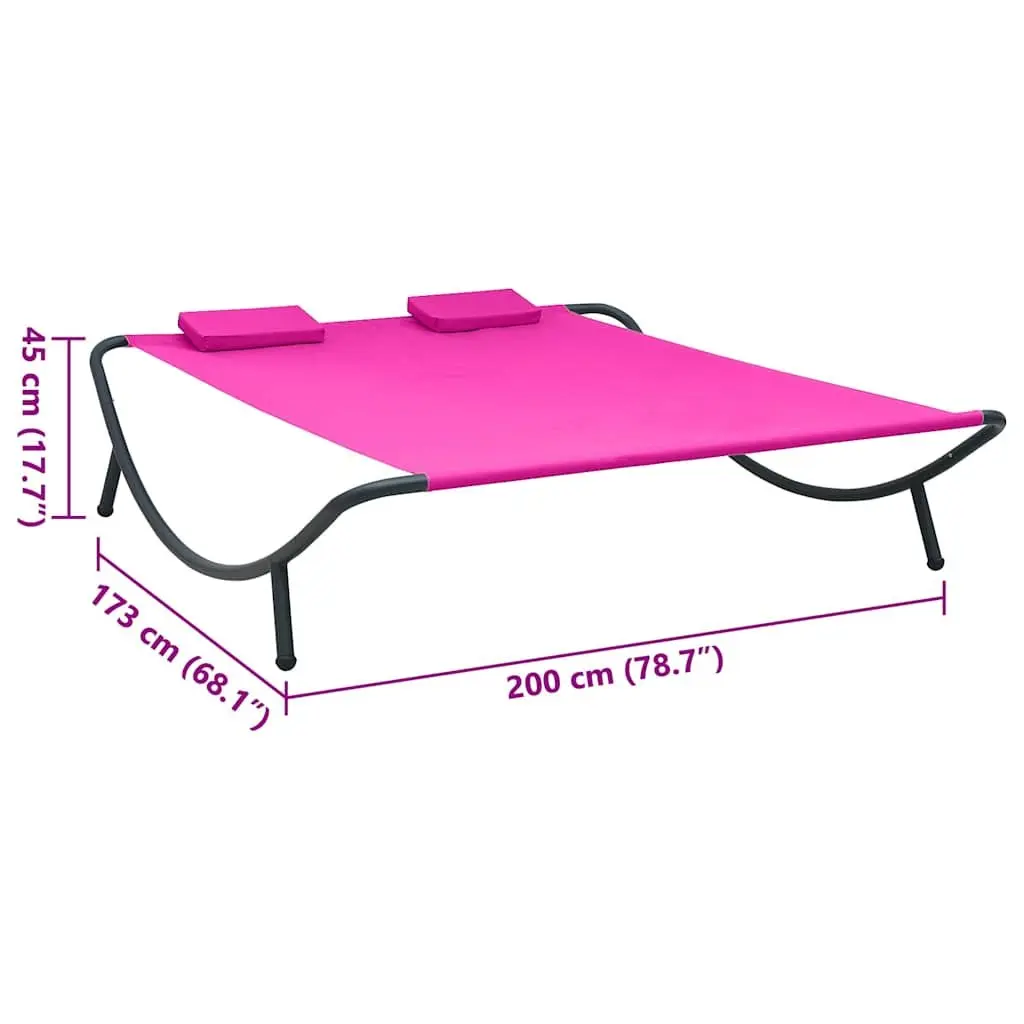 Outdoor Lounge Bed Pink Fabric Weather-Resistant Oxford with Powder-Coated Steel Frame and Two Padded Pillows
