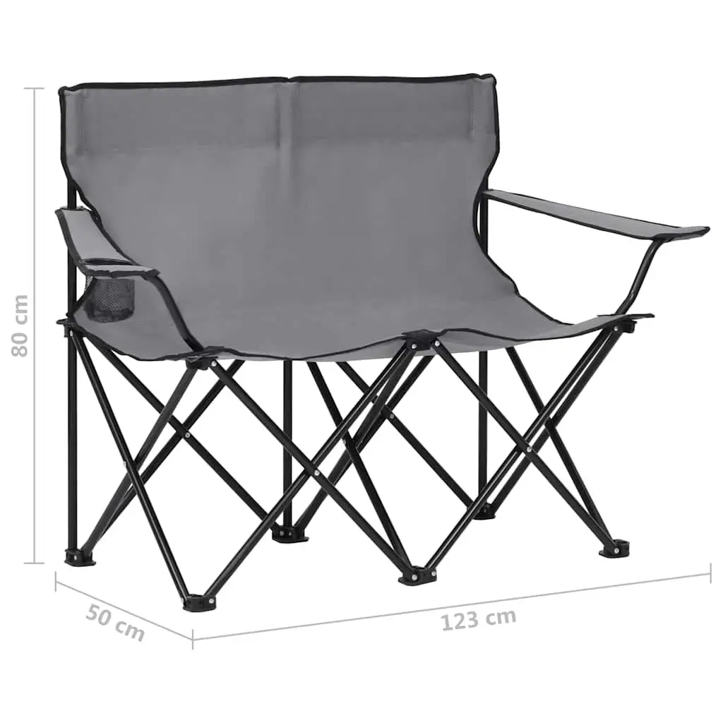 2-Seater Camping Chair Grey Steel Frame Portable Foldable Outdoor Furniture
