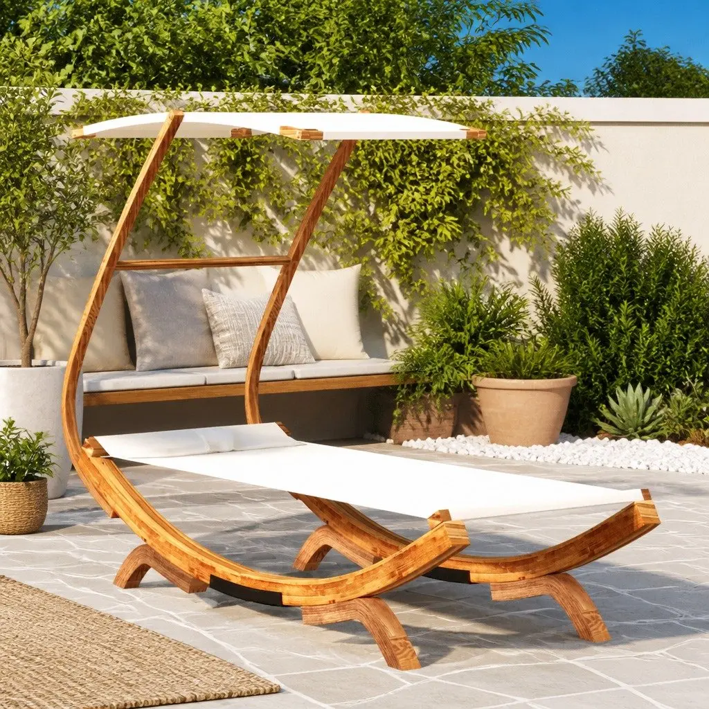 Outdoor Lounge Bed Cream Canopy Bent Wood Frame for Garden Patio Relaxation
