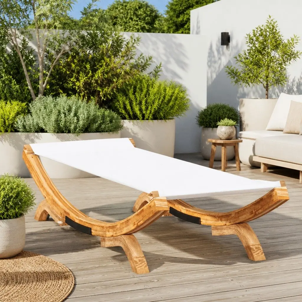 Outdoor Lounge Bed Cream with Integrated Pillow and Solid Bent Wood Frame