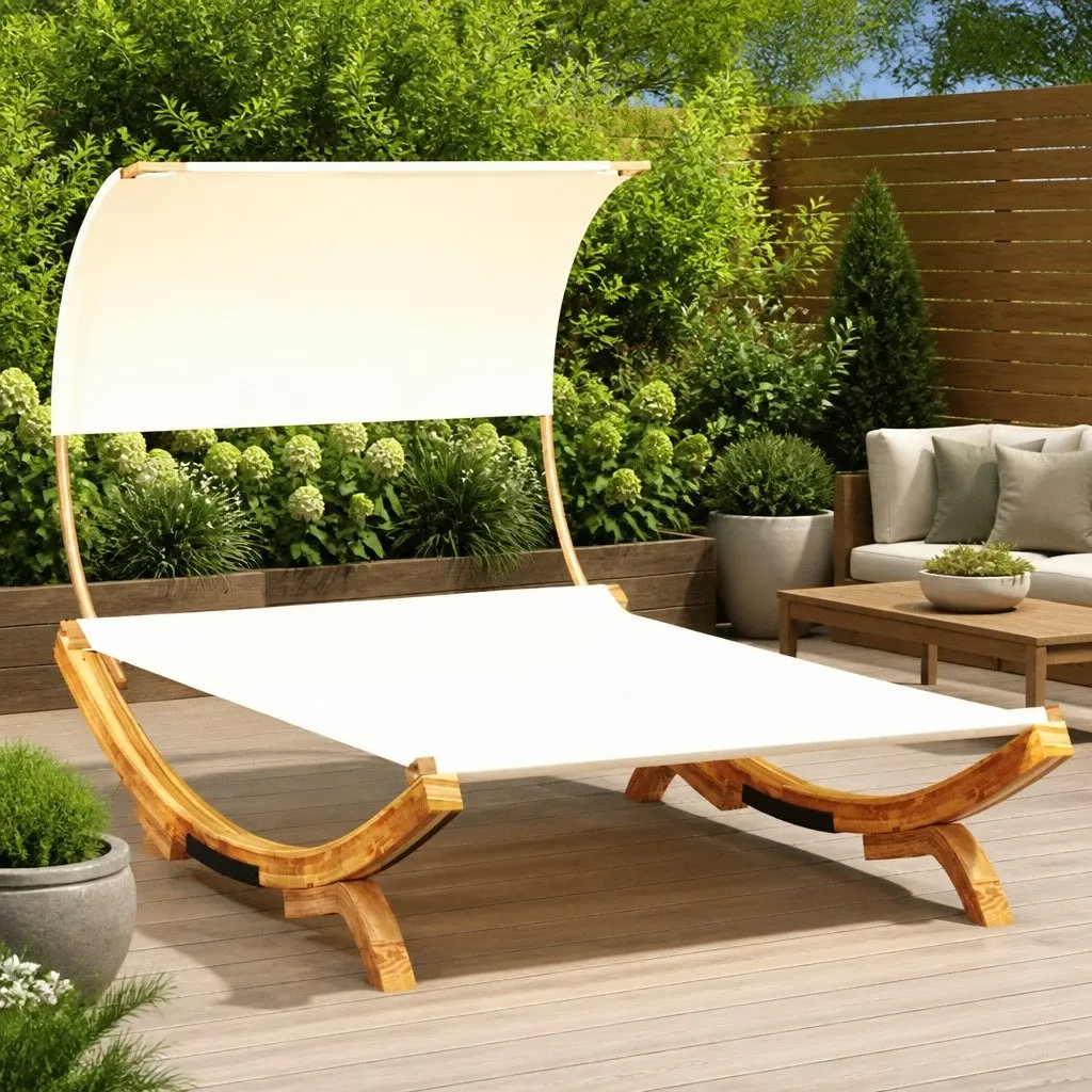 Outdoor Lounge Bed Cream Canopy Cushioned Lying Area Solid Bent Wood Frame