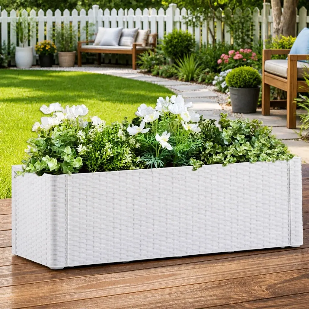 Raised Garden Bed White Self Watering System with Level Indicator Outdoor