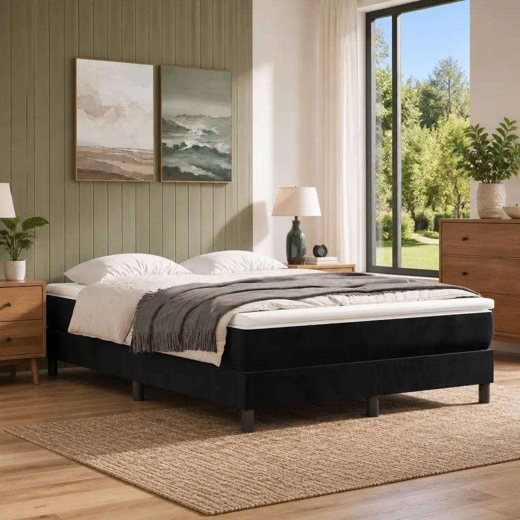 Box Spring Bed Black Velvet Queen Size Pocket Spring Mattress 153x203cm