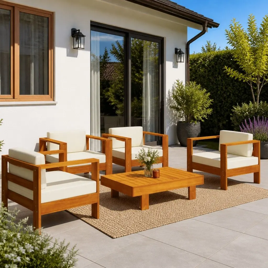 5 Piece Garden Lounge Set Solid Wood Cream White Cushions Outdoor Patio Furniture