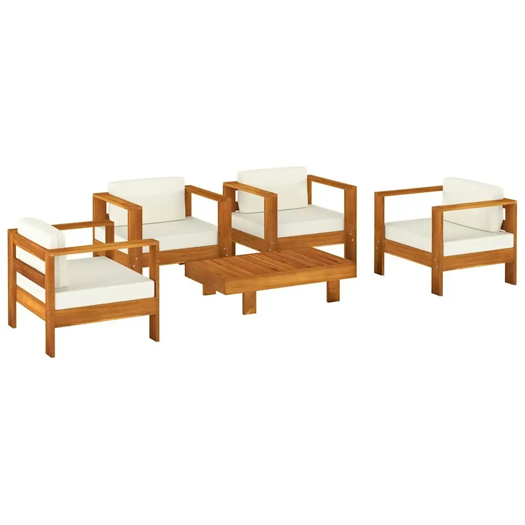 5 Piece Garden Lounge Set Solid Wood Cream White Cushions Outdoor Patio Furniture