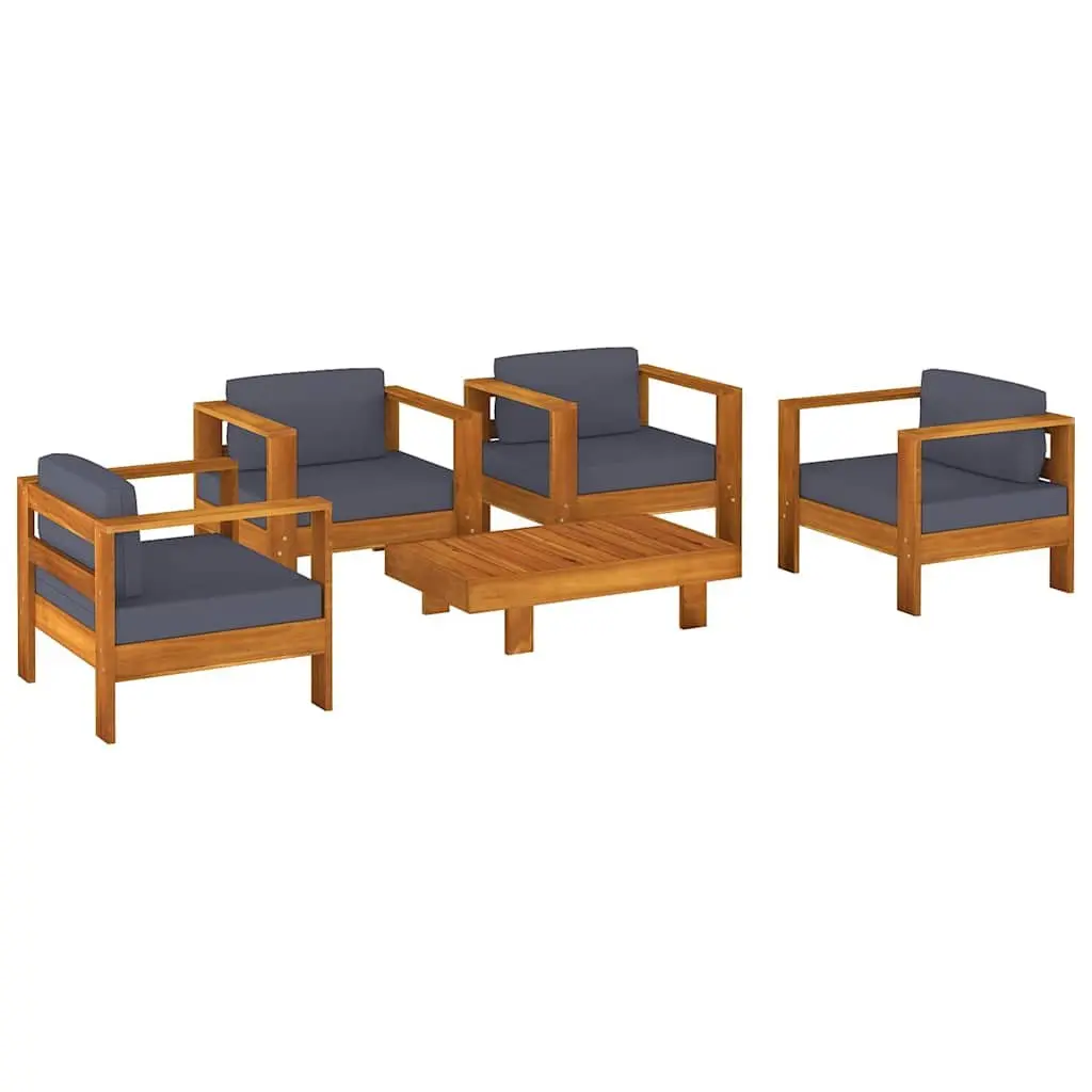 5 Piece Garden Lounge Set with Grey Cushions Solid Acacia Wood Patio Furniture