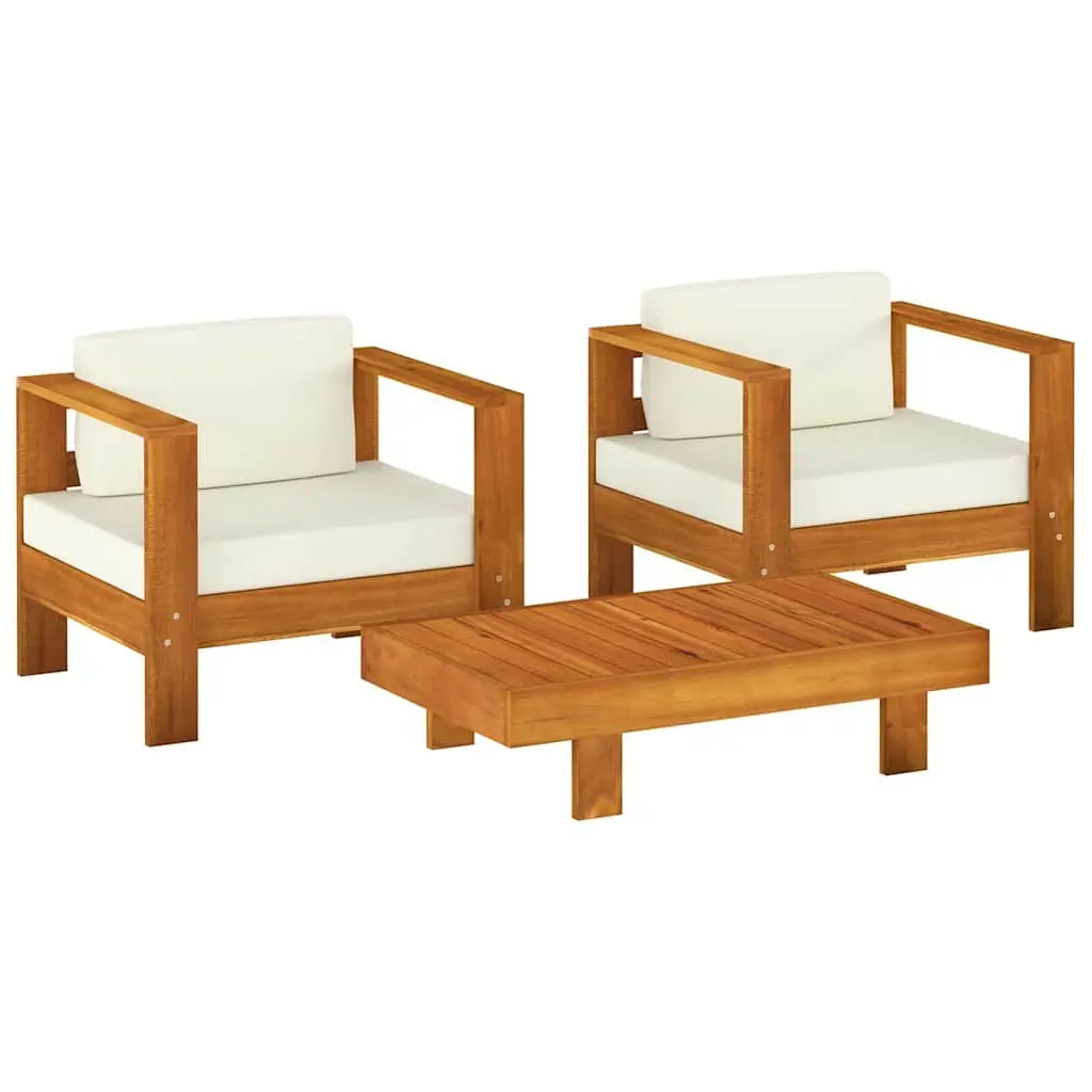 3 Piece Garden Lounge Set White Solid Acacia Wood Outdoor Furniture Thickly Padded Cushions