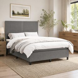 Double Box Spring Bed with Pocket Spring Mattress Grey Fabric Headboard