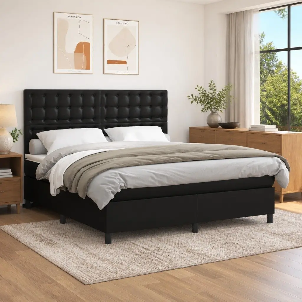 Box Spring Bed Black Queen Size Faux Leather Frame with Pocket Spring Mattress