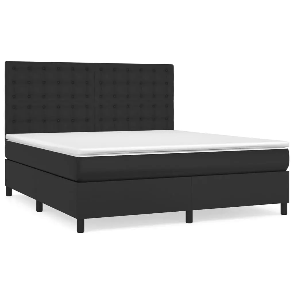 Box Spring Bed Black Queen Size Faux Leather Frame with Pocket Spring Mattress