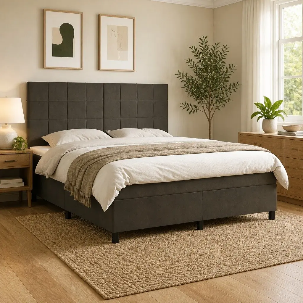 Queen Size Box Spring Bed Grey Velvet Adjustable Headboard Pocket Spring Mattress