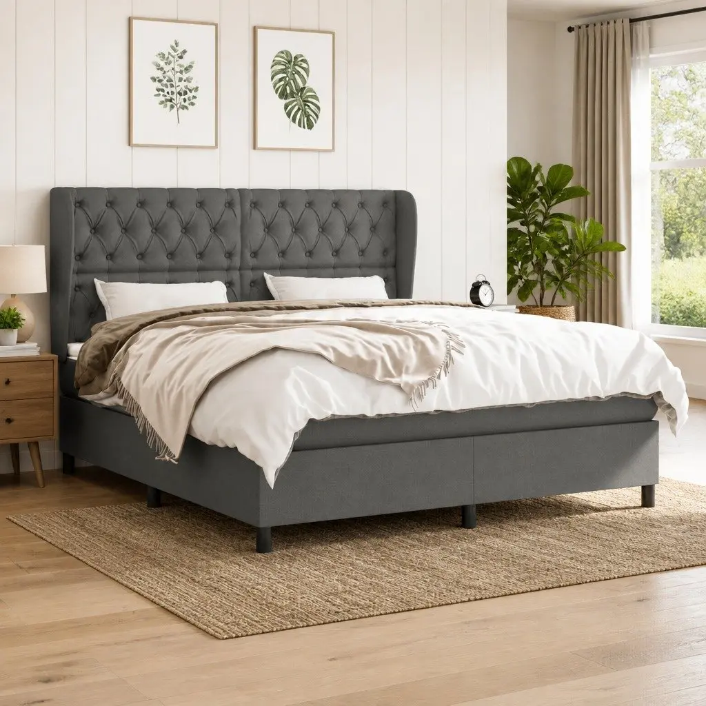 Queen Size Box Spring Bed Grey Fabric Adjustable Headboard Pocket Spring Mattress
