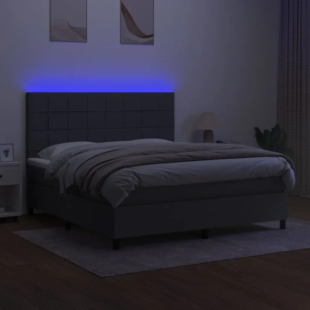 Box Spring Bed Grey Queen Size Adjustable Headboard with Pocket Mattress and LED Lighting