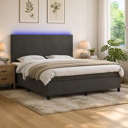 Queen Size Box Spring Bed with Adjustable LED Headboard