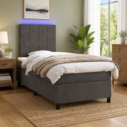 King Single Box Spring Bed with LED Lights Velvet Headboard Pocket Mattress