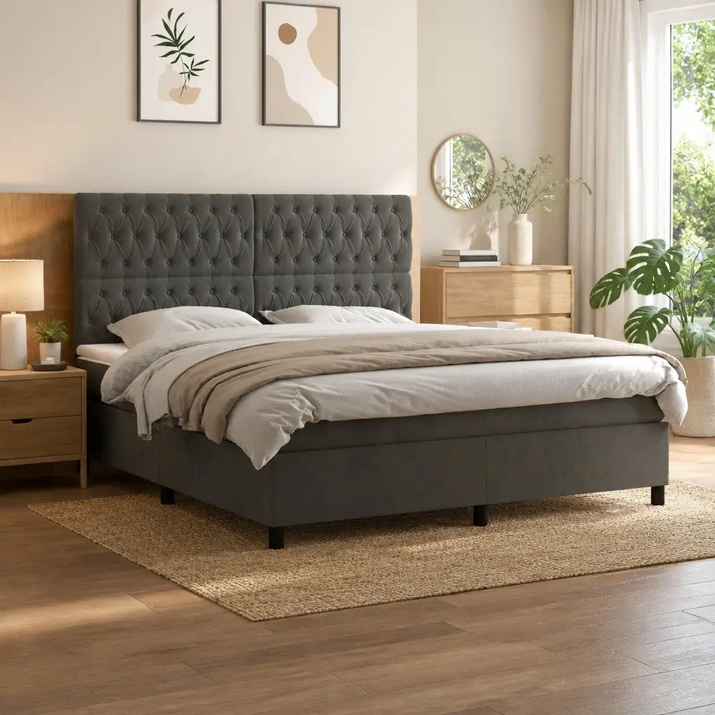 Queen Size Box Spring Bed with Pocket Spring Mattress LED Headboard Grey Velvet
