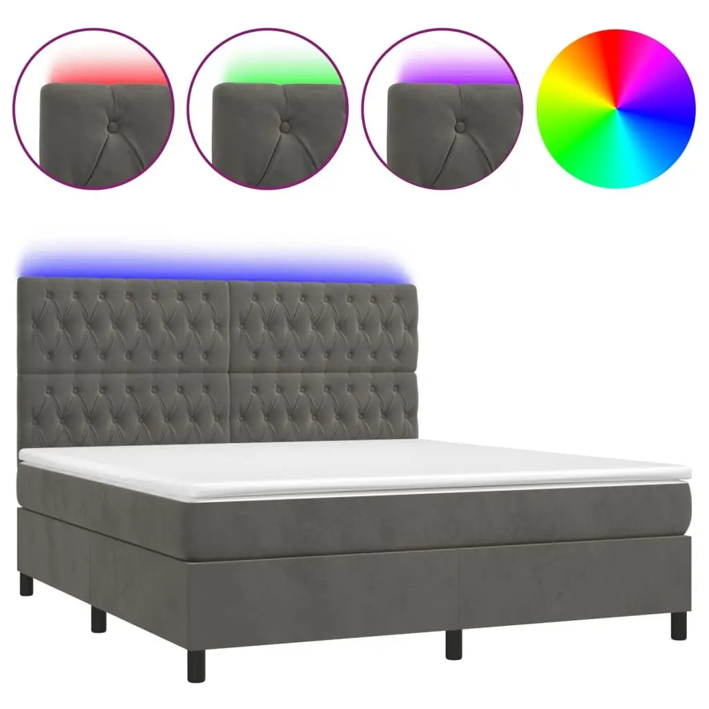 Queen Size Box Spring Bed with Pocket Spring Mattress LED Headboard Grey Velvet